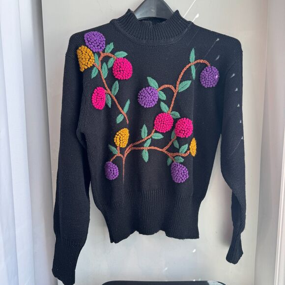 Country Suburbans Sweaters - Vintage Country Suburbans Black Sweater - Colorful Flowers, Size S, Unique Style